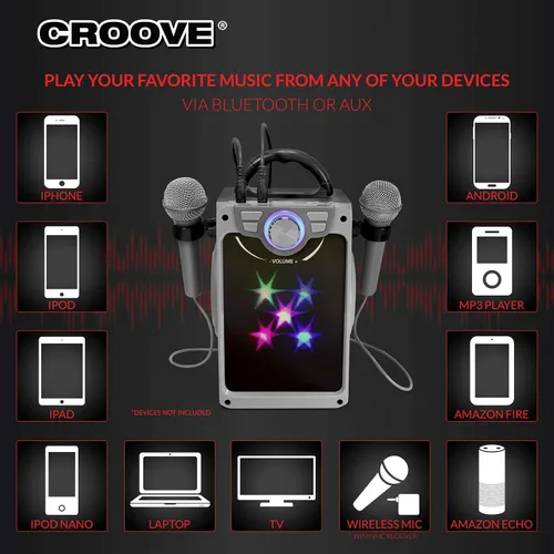 Vista 5 de Croove Máquina de karaoke recargable para niños, incluye 2 micrófonos con luces de disco intermitentes, Bluetooth, puertos AUX y USB, máquina
