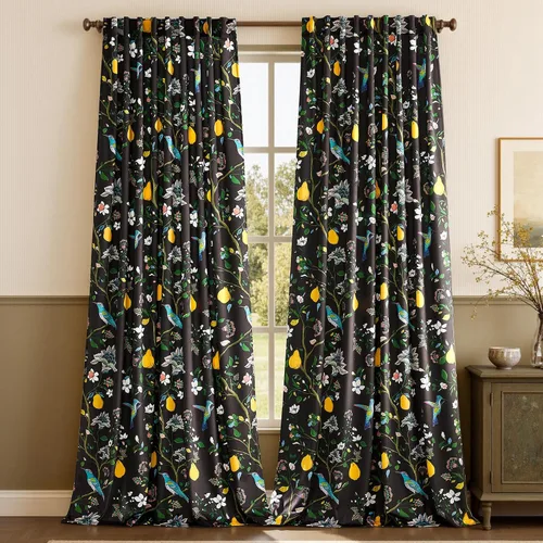 Vista 7 de MUSSEL Cortinas florales de terciopelo de 63 pulgadas de largo, cortinas botánicas de lujo para oscurecer la habitación, 2 paneles de colibrí