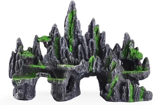 Vista 13 de Adorno de piedra para acuario con vista a la montaña, árbol de cueva de roca, decoración de acuario para peceras para peceras pequeñas, 7.5 pulgadas
