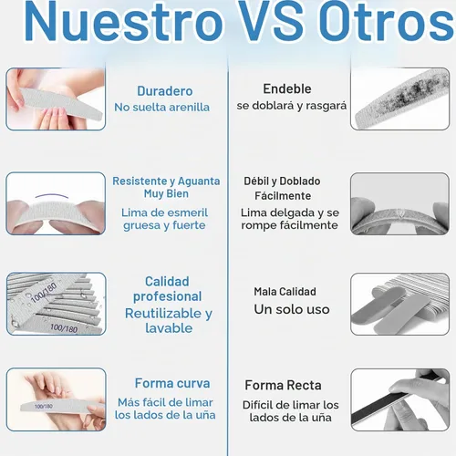 Vista 4 de Limas de uñas (paquete de 12), lima de uñas de madera de grano 100/180, lima de uñas de doble cara de madera Emory para uñas naturales, profesional
