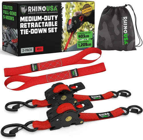 Vista 14 de Rhino USA Correas de trinquete retráctiles (paquete de 2) – 1 pulgada x 10 pies (1,209 libras de resistencia a la rotura) – Correas de amarre auto