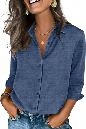 Vista 14 de Zeagoo Camisas con botones para mujer, manga 3/4, cuello en V, blusas con cuello en V, trajes casuales de negocios