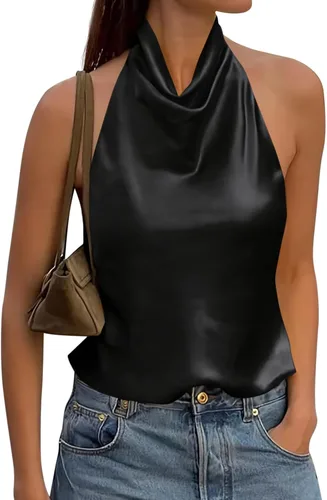 Vista 9 de Cicy Bell Camiseta de satén con cuello halter para mujer, sin espalda, Y2K Amarillo