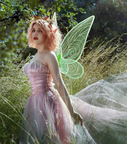 Vista 2 de Alas de hada, alas de hadas transparentes brillantes para adultos, mujeres y niñas, disfraz de Halloween con orejas de elfo y corona de flores