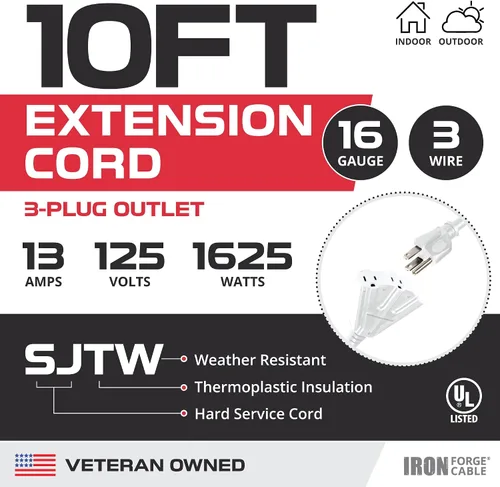 Vista 2 de Iron Forge Cable Cable de extensión blanco de 10 pies para exteriores con 3 tomas, cable de extensión SJTW de 16/3 de 10 pies, 3 clavijas, cable