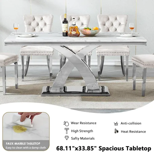Vista 4 de Juego de mesa de comedor de mármol sintético blanco plateado de 68 pulgadas para 4, juego de mesa rectangular de 5 piezas con patas de acero Mesa