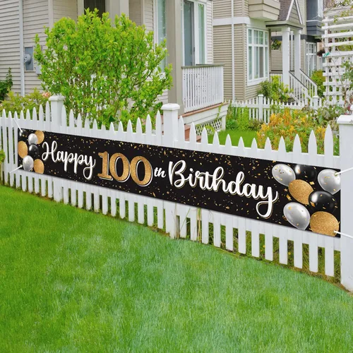Vista 6 de Decoración de feliz cumpleaños número 100, globo negro y dorado número 100, cartel grande de telón de fondo de cumpleaños, decoración de fiesta