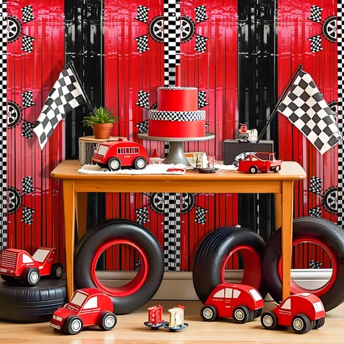 Vista 8 de 2 cortinas de fondo de aluminio con flecos de automóvil de carreras, decoración de fiesta de cumpleaños de coche de carreras, fondo de fotos negro
