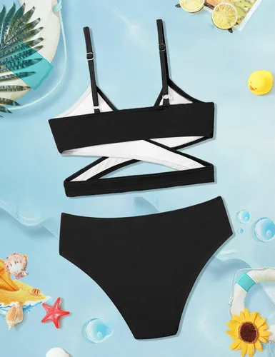 Vista 5 de Aulyffo Conjunto de bikini para niñas, traje de baño de dos piezas, traje de baño cruzado para niñas