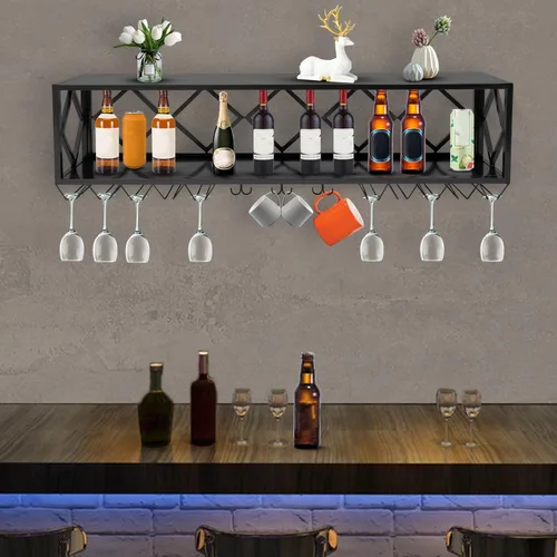 Vista 6 de Estante para copas de vino, estante flotante montado en la pared, estante colgante para copa con divisiones para cocina, comedor, bar en casa, sala
