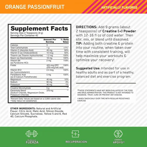 Vista 3 de Optimum Nutrition Creatina Monohidrato Plus en polvo, sabor a maracuyá naranja, mezcla de rendimiento de creatina con electrolitos