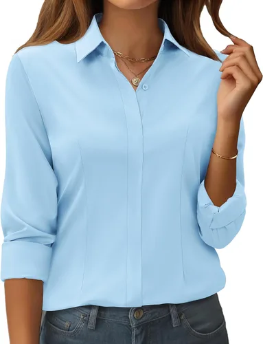 Vista 15 de siliteelon Camisas con botones para mujer: ajuste clásico, resistente a las manchas, manga larga, sin arrugas, oficina de negocios
