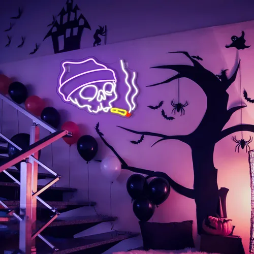 Vista 6 de Lucunstar Letrero de Neón de Calavera de Halloween Letrero LED de Neón de Halloween Letreros de Neón para Decoración de Pared Brillo Ajustable