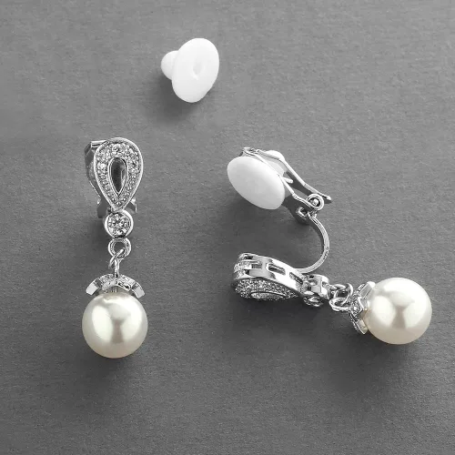 Vista 6 de Mariell Pendientes de boda vintage con circonita cúbica y perla de marfil para novias, chapado en platino genuino, Metal Gema Perla simulada