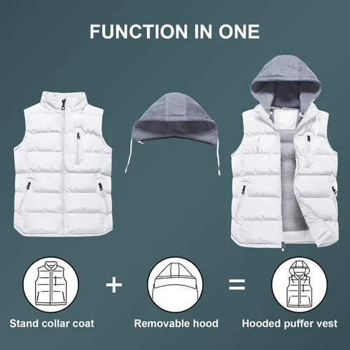 Vista 4 de CREATMO US Chaleco de invierno para hombre, para exteriores, con capucha, extraíble, acolchado, sin mangas, chaleco