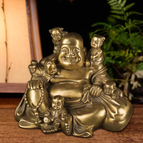 Vista 7 de BRABUD chino Fengshui riendo Buda sentado con 5 niños estatua atrayendo felicidad en la colección de decoración de la familia ZD066