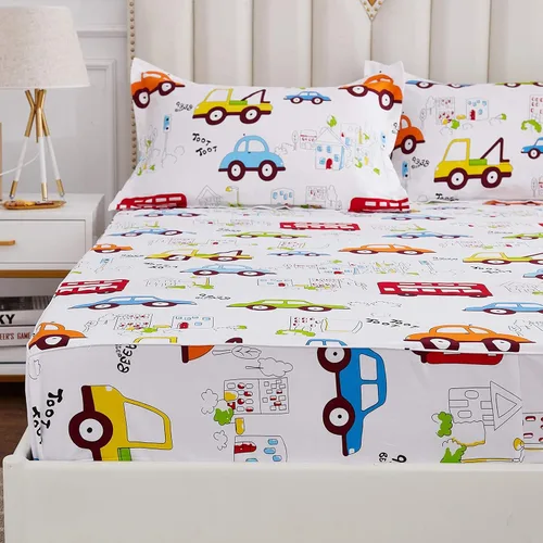 Vista 2 de Brandream Juego de sábanas de algodón de 4 piezas para niños, tamaño Queen, diseño de coches y camiones