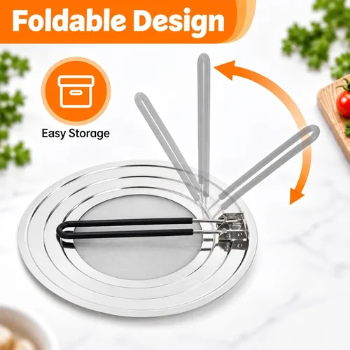 Vista 4 de Pantalla de salpicaduras de acero inoxidable para sartén Protector de Alfombrilla de enfriamiento para colador de alimentos con cubierta de mango