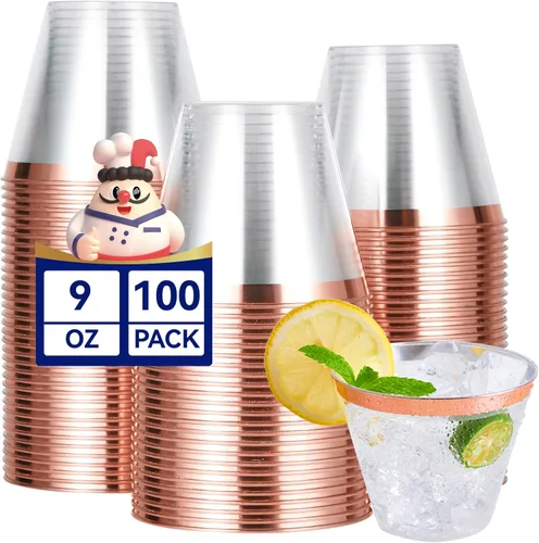 Vista 13 de JOLLY CHEF Paquete de 100 Vasos de Plástico Dorado, Tumblers de Plástico Transparente de 9 oz, Elegantes Vasos con Borde Dorado, Vasos Desechables