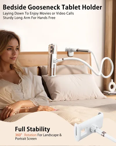Vista 3 de Soporte para tableta de cuello de cisne para cama, soporte ajustable para tablet para escritorio, soporte de brazo largo flexible para lectura