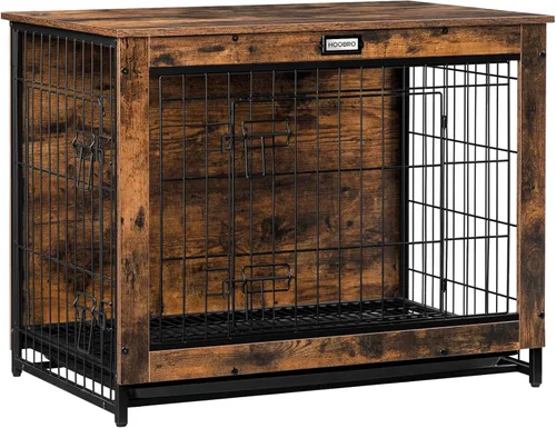 Vista 13 de Mueble de jaula para perros, perrera pequeña de 25.5 pulgadas para interiores, jaula de madera con bandeja extraíble, mesa auxiliar lateral que