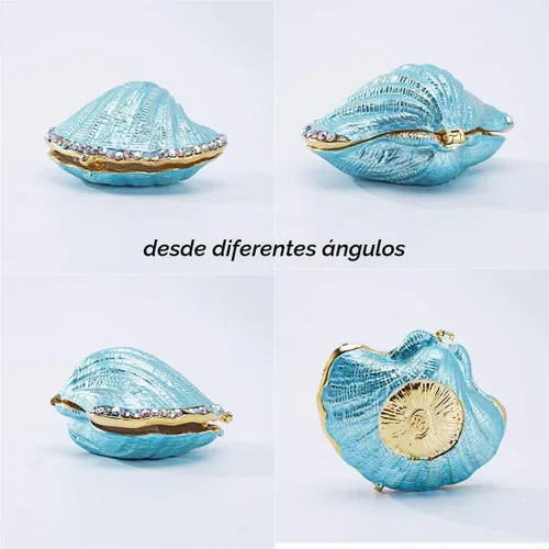 Vista 4 de H&D HYALINE & DORA Caja de metal y cristal para anillos, figura pequeña de concha de mar, centro de mesa coleccionable (mejillón perlado)