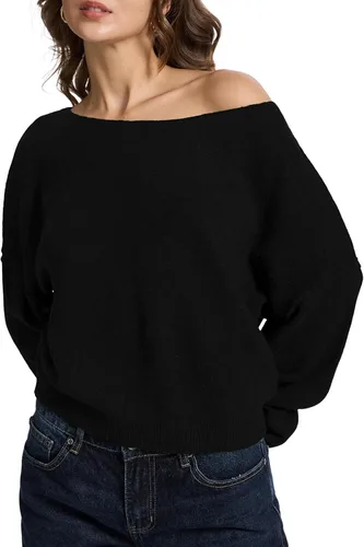 Vista 6 de FAlABLE - Suéter para mujer con hombros descubiertos y cuello barco, pullover holgado de manga larga, acogedor de punto, para otoño e invierno, tops