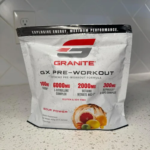 Vista 2 de Granite GX - Suplemento para antes del entrenamiento, sabor de poder ácido, apoya la concentración, la energía y el rendimiento con teacrina