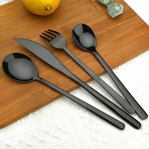 Vista 4 de Juego de cubiertos negros de 20 piezas, cubiertos de acero inoxidable 18/10 para 4, utensilios de cocina incluyen cuchillos, tenedores, cucharas