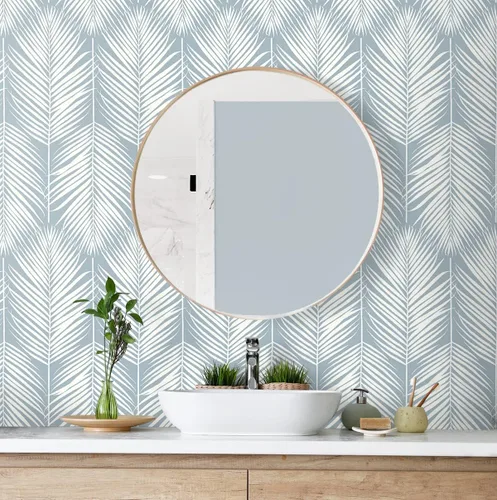 Vista 3 de Palm Silhouette Coastal Papel pintado prepegado (azul claro)