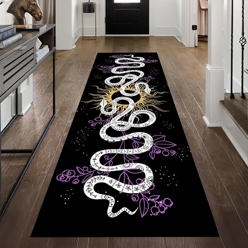 Vista 2 de Alfombra de pasillo de serpiente, 1.3 x 7 pies, diseño gótico, sol, estrellado, morado, floral, blanco y negro, alfombra bohemia, suave, resistente