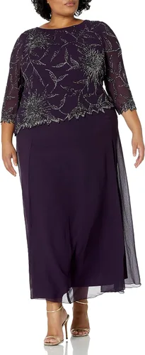 Vista 12 de J Kara Vestido largo con cuello redondo y manga 3/4 para mujer Cameo/Blanco/Plata