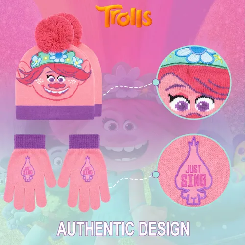 Vista 4 de Trolls - Juego de sombrero y guantes para niñas, 2 piezas, sombrero de invierno con guantes de Trolls Poppy para niñas, juego de sombrero y guantes