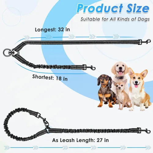 Vista 5 de Correa doble para perros, sin enredos, rotación giratoria de 360°, reflectante, con extensión de bungee, divisor para dos perros, cómoda