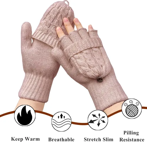 Vista 124 de Beurlike Guantes de invierno para mujer, de lana cálida, a prueba de viento, convertibles, sin dedos