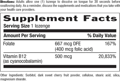 Vista 4 de Country Life Vitamina B12 con folato, apoya la producción de energía y glóbulos rojos, 500 mcg, 100 pastillas, certificado sin gluten, vegano