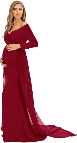 Vista 3 de ZIUMUDY Vestido de maternidad de manga larga con hombros descubiertos, vestido de gasa para sesión de fotos, baby shower
