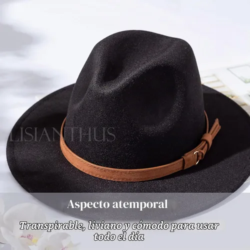 Vista 6 de Lisianthus Sombrero Fedora de ala ancha vintage para hombre y mujer con hebilla de cinturón Negro