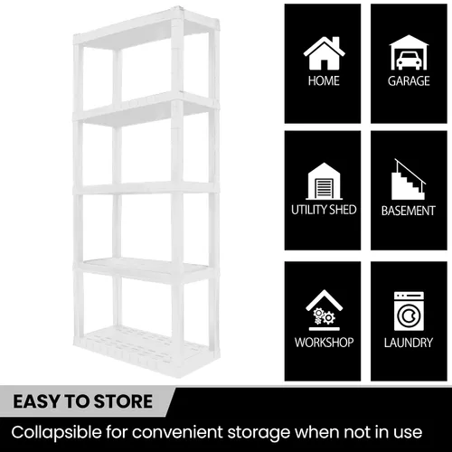 Vista 5 de Oskar - Estantes de almacenamiento de plástico resistentes para garaje, cocina, baño, sótano, habitación de los niños, estante organizador blanco