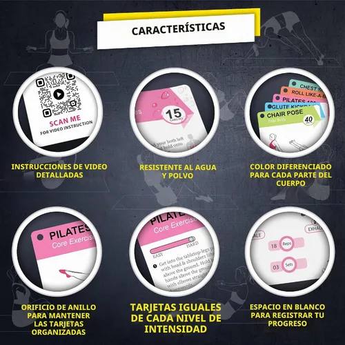 Vista 3 de Tarjetas de Entrenamiento de Pilates Flexies - 58 Tarjetas de Ejercicio con Posturas de Entrenamiento en Esterilla de Pilates, Instrucciones