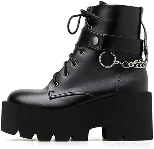 Vista 4 de Caradise Botas góticas de combate punk, con plataforma gótica, tacón grueso, con cordones, para mujer