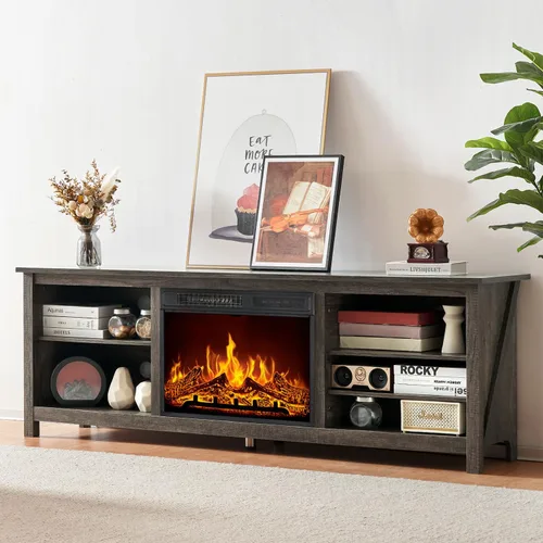 Vista 10 de AMERLIFE Soporte de TV con chimenea, centro de entretenimiento con textura de madera con chimenea eléctrica de 23 pulgadas, soporte