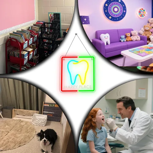 Vista 9 de Letrero de neón Happy Place Tooth, luz de pared LED colorida para odontología infantil y decoración del hogar, luz de neón en forma de diente