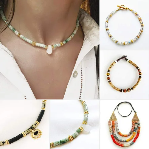 Vista 6 de Cuentas Heishi de piedra natural para hacer collares, cuentas pequeñas de piedra redonda plana de 0.116 pulgadas x 0.039 pulgadas para hacer joyas