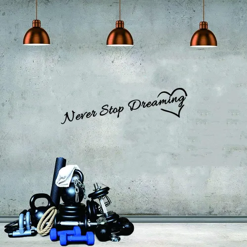 Vista 3 de Calcomanía motivacional para pared, adhesivo de PVC extraíble con frase "Never Stop Dreaming" y palabras coloridas, efecto de 33 x 10 pulgadas, arte