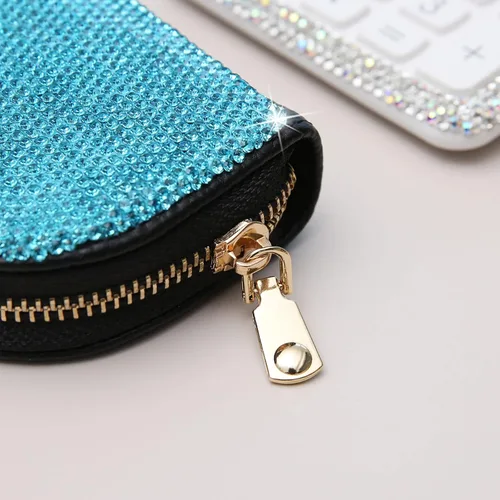 Vista 18 de AsAlways RFID Rhinestone titular de la tarjeta de crédito semicírculo multicapa cremallera caso Bling Crystal Slim pequeña cartera para mujeres