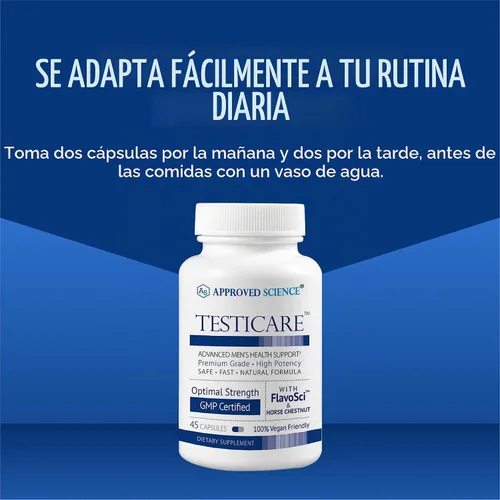 Vista 5 de Approved Science TestiCare - Soporte testicular para venas - Castaño de Indias, Hamamelis - 1 botella - 45 cápsulas - Vegano