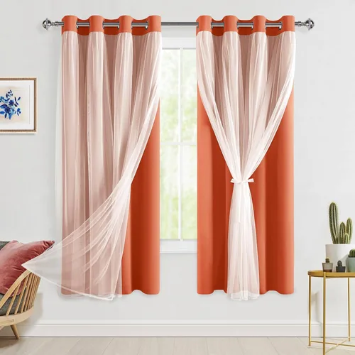 Vista 45 de Hiasan Cortinas opacas con superposición transparente, con ojales, aislamiento térmico, para mezclar y combinar, cortinas de ventana de doble capa