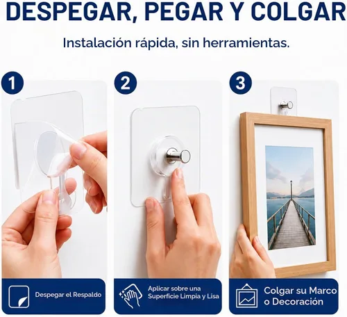Vista 5 de Perchas de fotos sin clavos, paquete de 20, ganchos adhesivos transparentes, capacidad para 13 libras