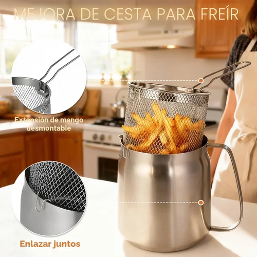 Vista 4 de Olla freidora profunda de acero inoxidable de 119 oz con canasta y colador de aceite, freidora profunda multifuncional, pequeña para estufa